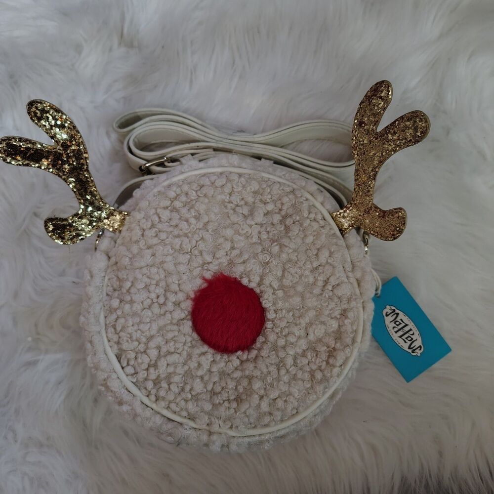 Mad Love Gold Glitter Antler Reindeer Sherpa Round Crossbody Bag NWT Christmas
